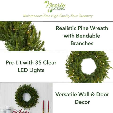 Nearly Natural lit wreath at night demonstrating warm LED glow and curb appeal
