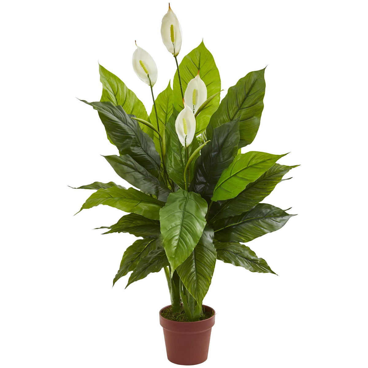 Nearly Natural peace lily front view showing full 42-inch height and elegant silhouette for dramatic decor