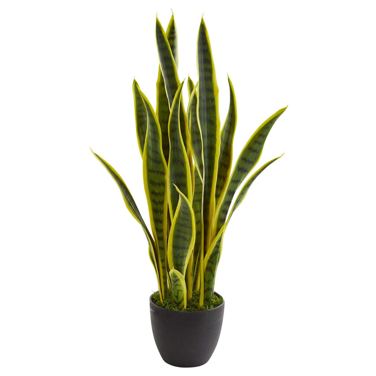 Nearly Natural front view showing full 26-inch sansevieria and pot, enhances rooms