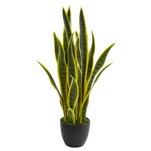 Nearly Natural front view showing full 26-inch sansevieria and pot, enhances rooms