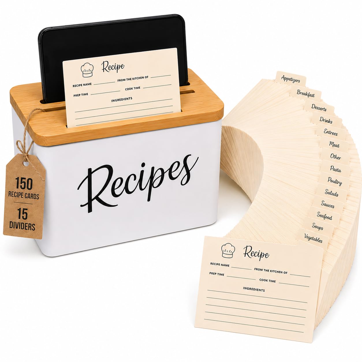 NEAT SECRETS metal recipe box front view showing protective storage benefit