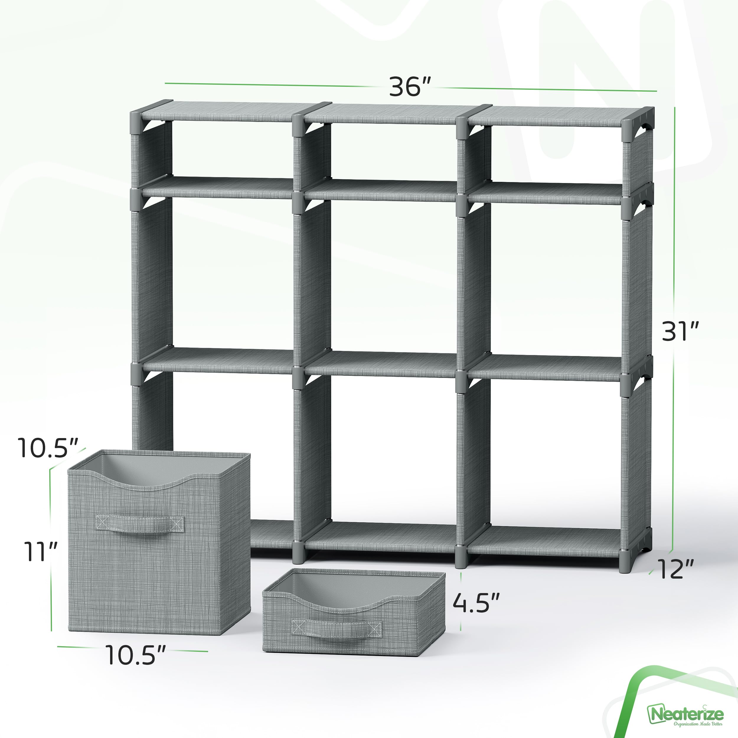NEATERIZE close-up of grey fabric bins highlighting durable, easy-clean texture