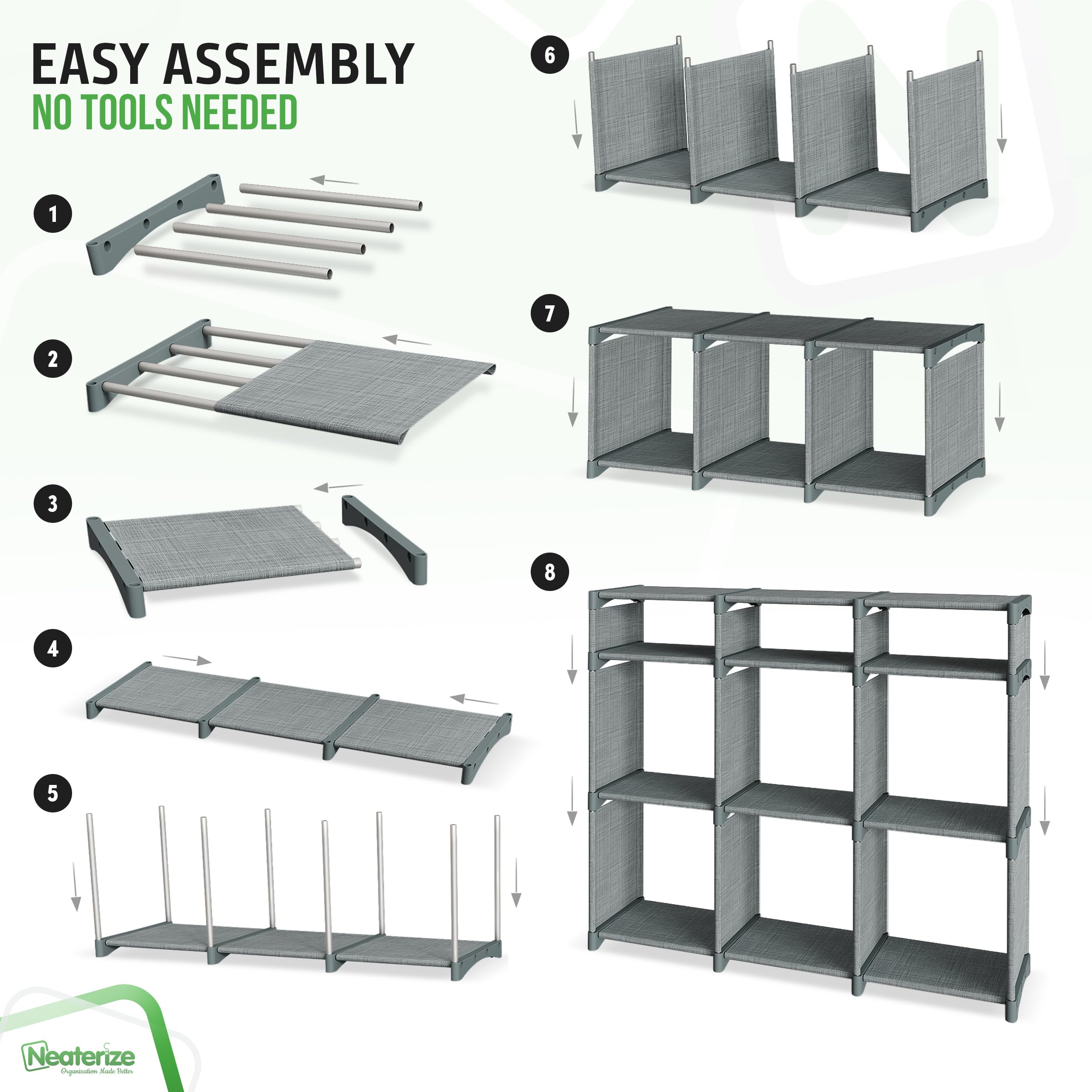NEATERIZE organizer placed in a closet illustrating space-saving storage benefits