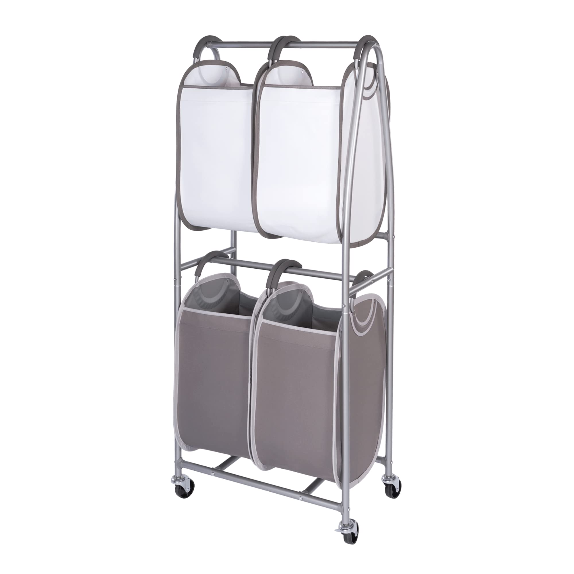 neatfreak front view of rolling laundry cart shows compact sorter benefit