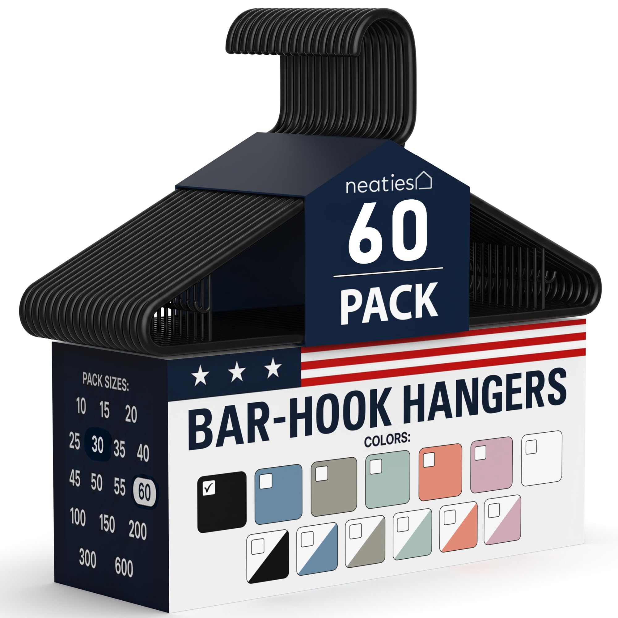neaties front pack showing 60 black hangers and neat stacked benefit space-saving