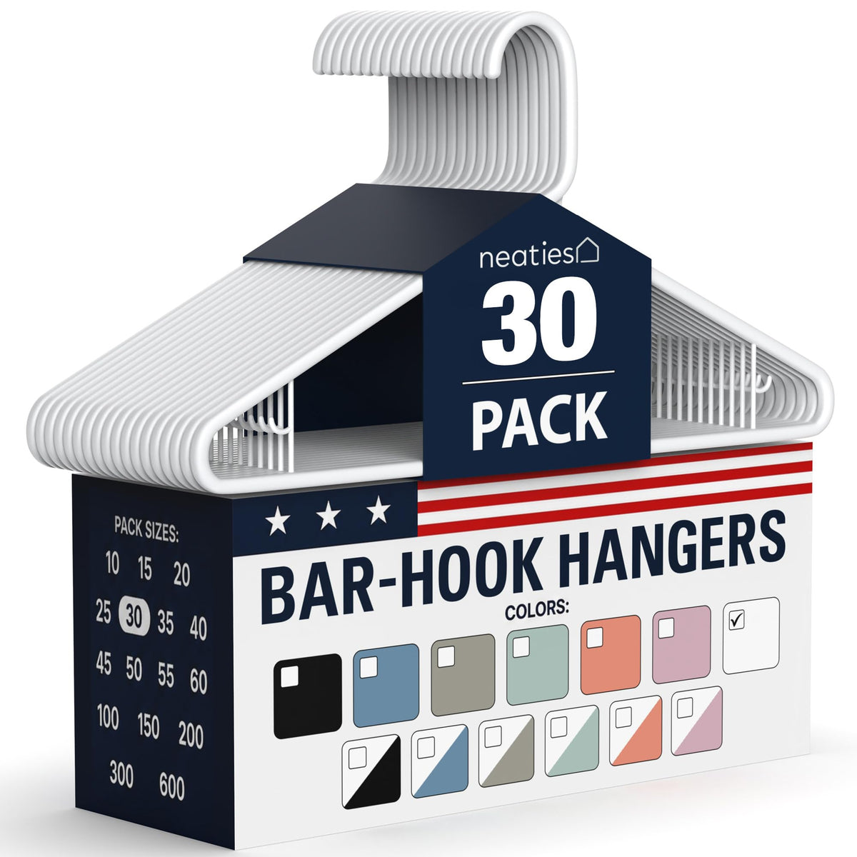 Neaties front packaging showing 30 white hangers and tidy closet benefit