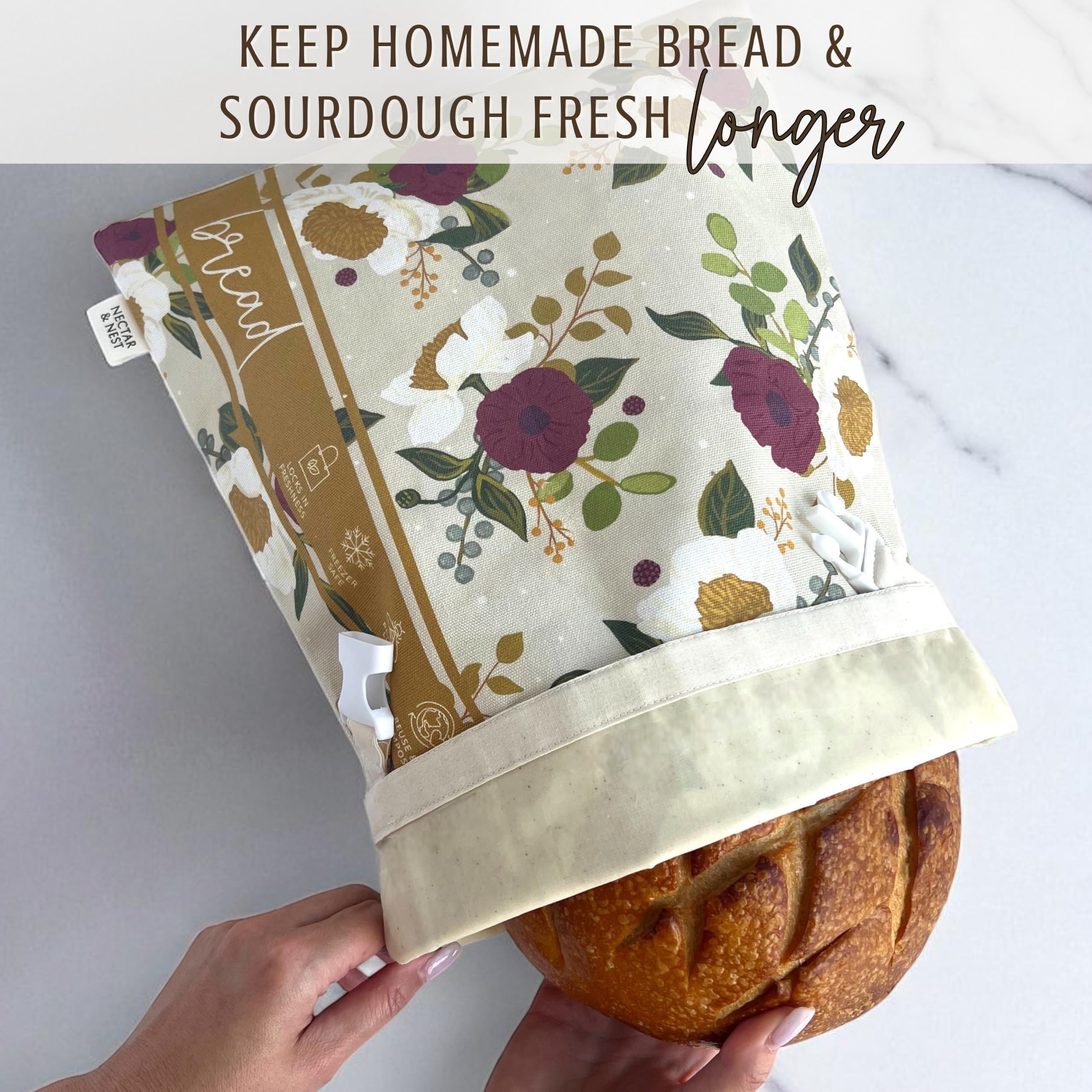 Nectar & Nest bread bag holding sourdough loaf to keep crust fresh