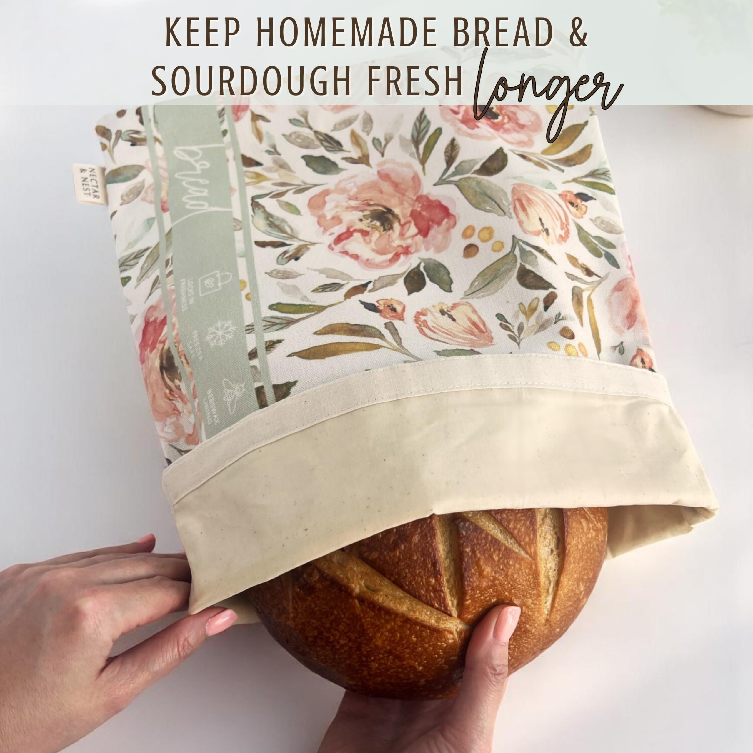 Nectar & Nest bag open with artisan loaf inside showcasing breathable storage benefit