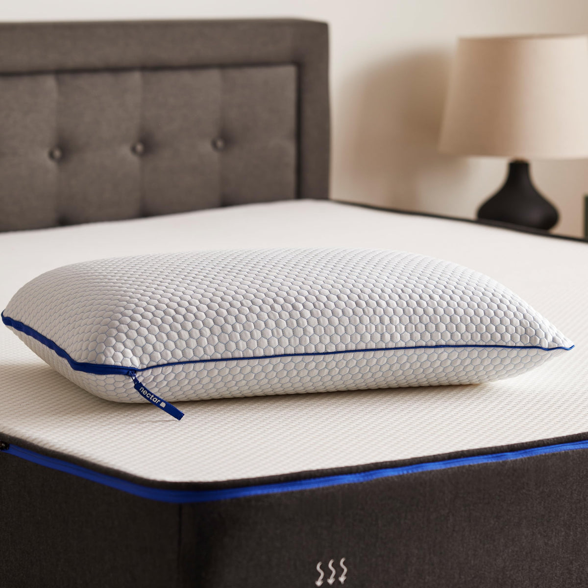 Nectar front packaging showing pillow and features, highlights adjustable comfort