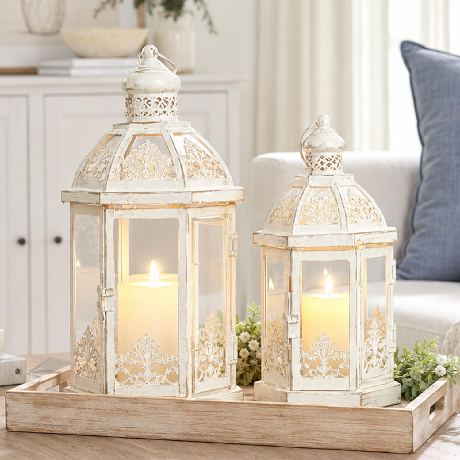NEEDOMO front view of both beige lanterns showing vintage charm and scale