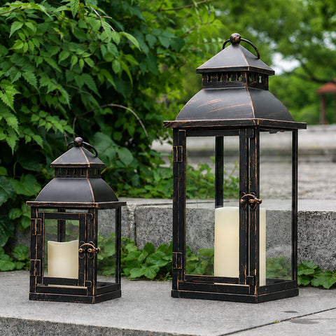 NEEDOMO front view of two bronze lanterns showing vintage appeal and layered ambiance