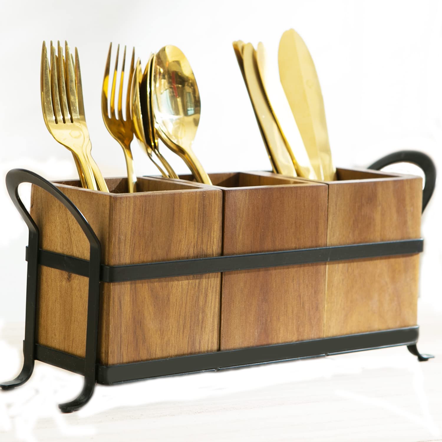 NelyBet front view wooden utensil caddy showing rustic organization benefit