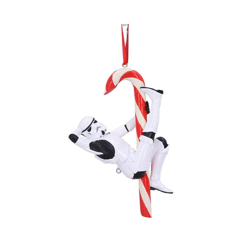 Nemesis Now Stormtrooper front view showing festive candy cane and hanging loop benefit display