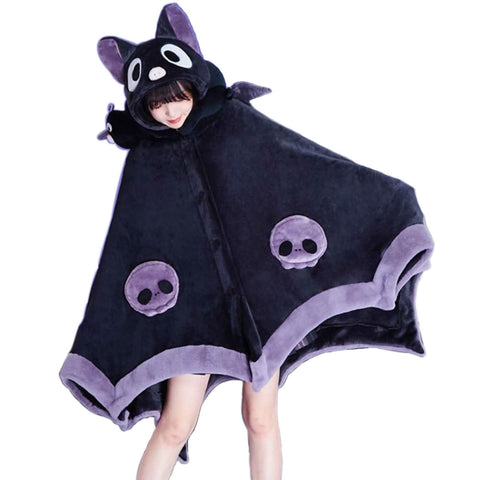 NENAGGE front view of devil bat hooded blanket showing cozy coverage and style