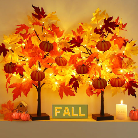 Neoclassy front view of both 24-inch trees showing fall color and LEDs, creates cozy ambiance