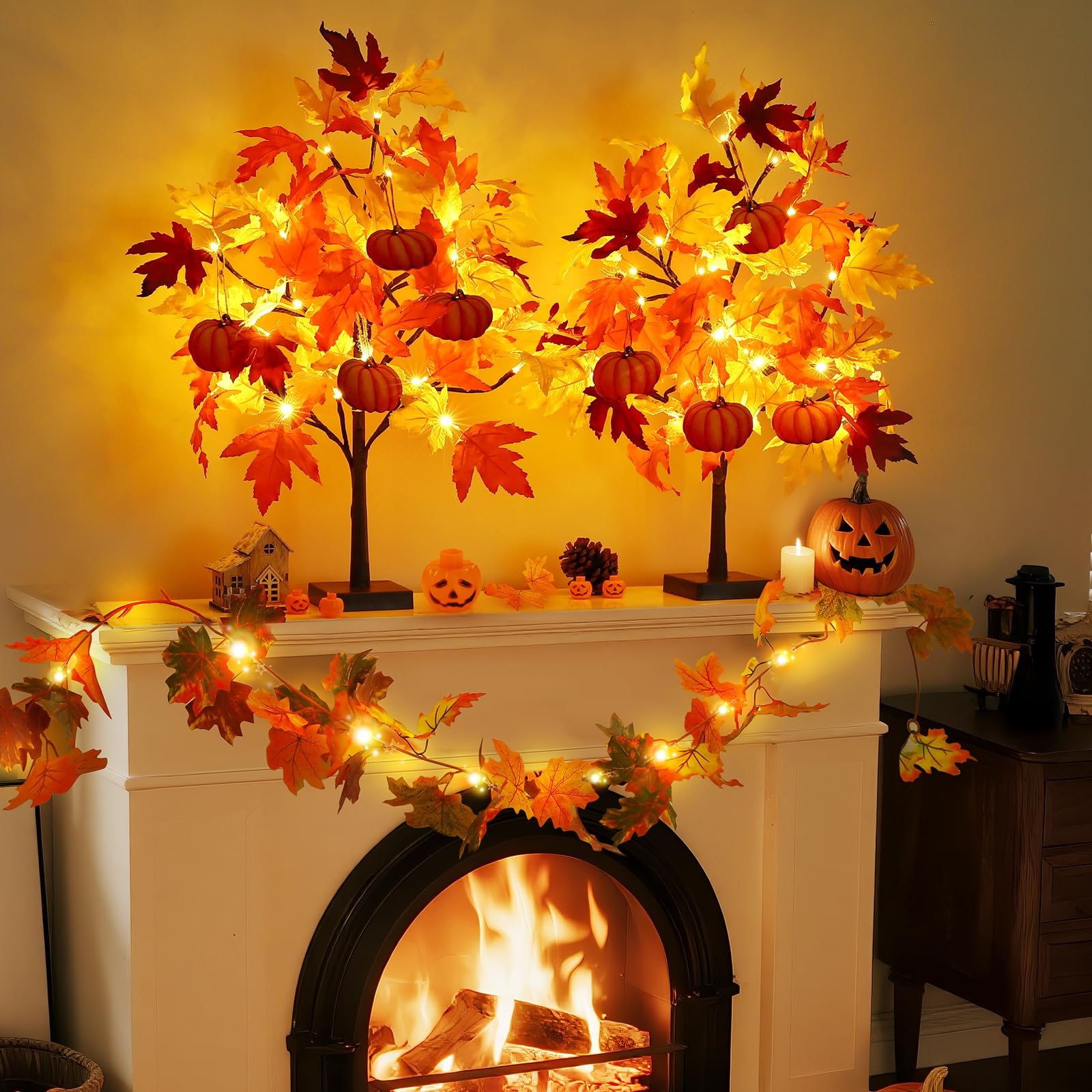 Neoclassy wooden pumpkin ornaments hanging on branch for customizable seasonal accents