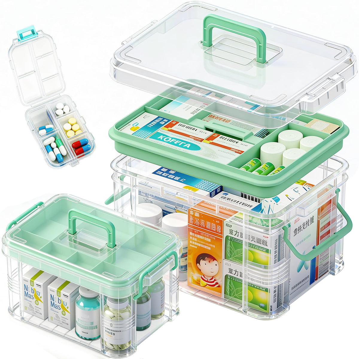 NEOCUPPIXE front view of two clear medicine boxes shows organized storage benefit