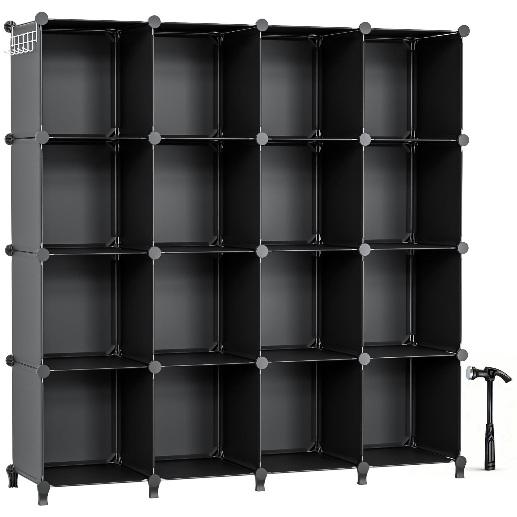 Neprock front view of 16-cubby unit showing modern black storage, tidy organization benefit
