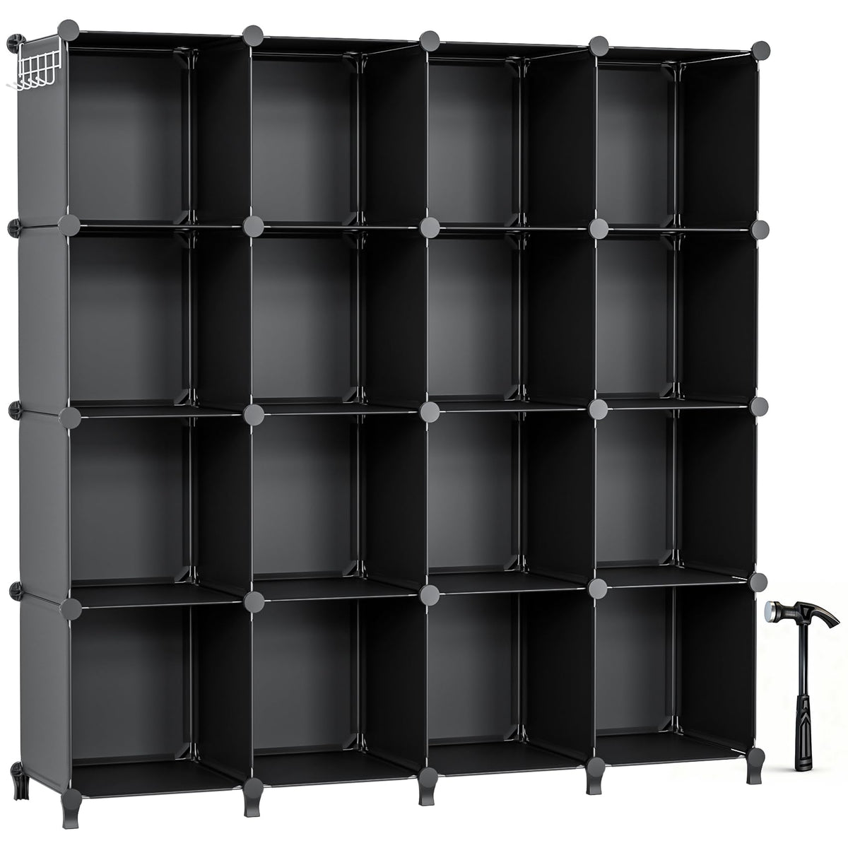 Neprock front view of 16-cubby unit showing modern black storage, tidy organization benefit