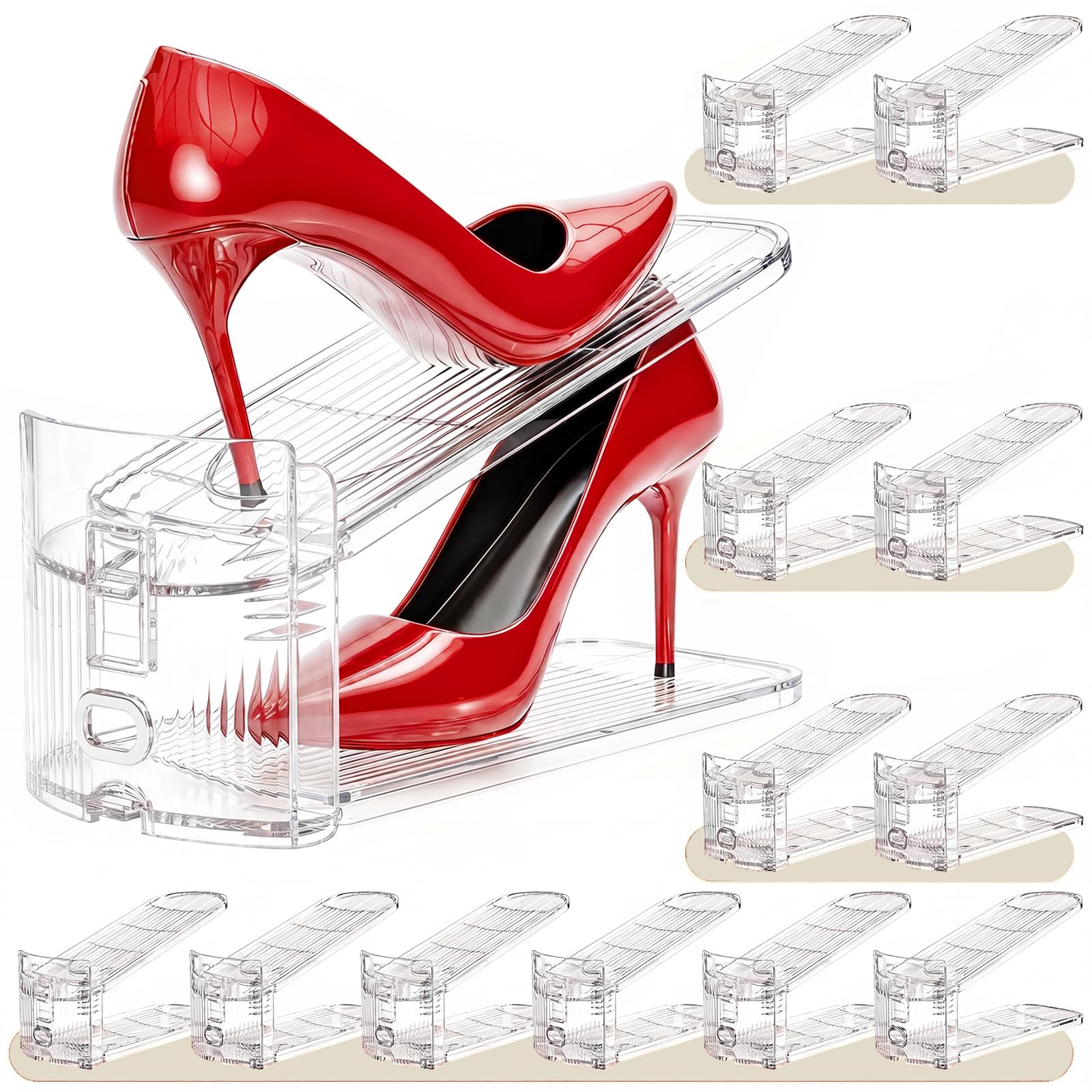Neprock front view of clear shoe stacker showing neat pair storage and space saving
