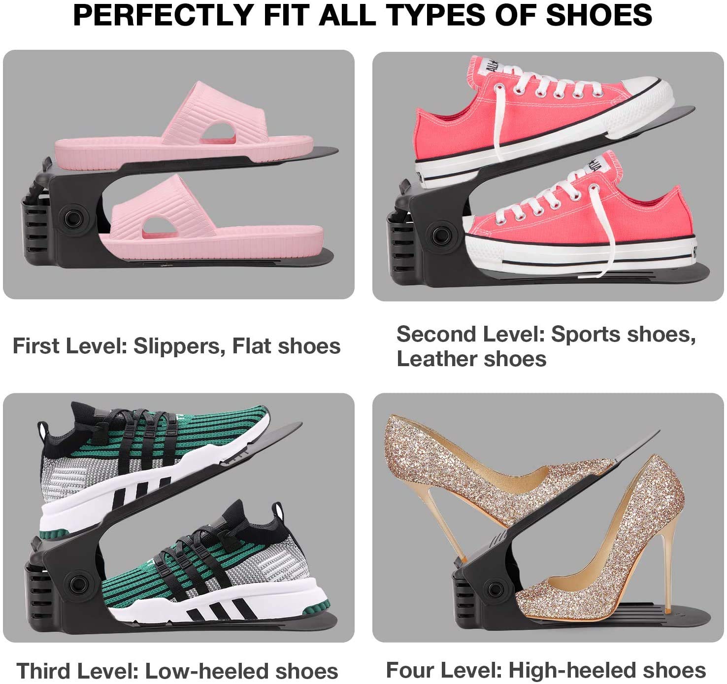 Neprock double-deck slots holding sneakers illustrating doubled storage benefit