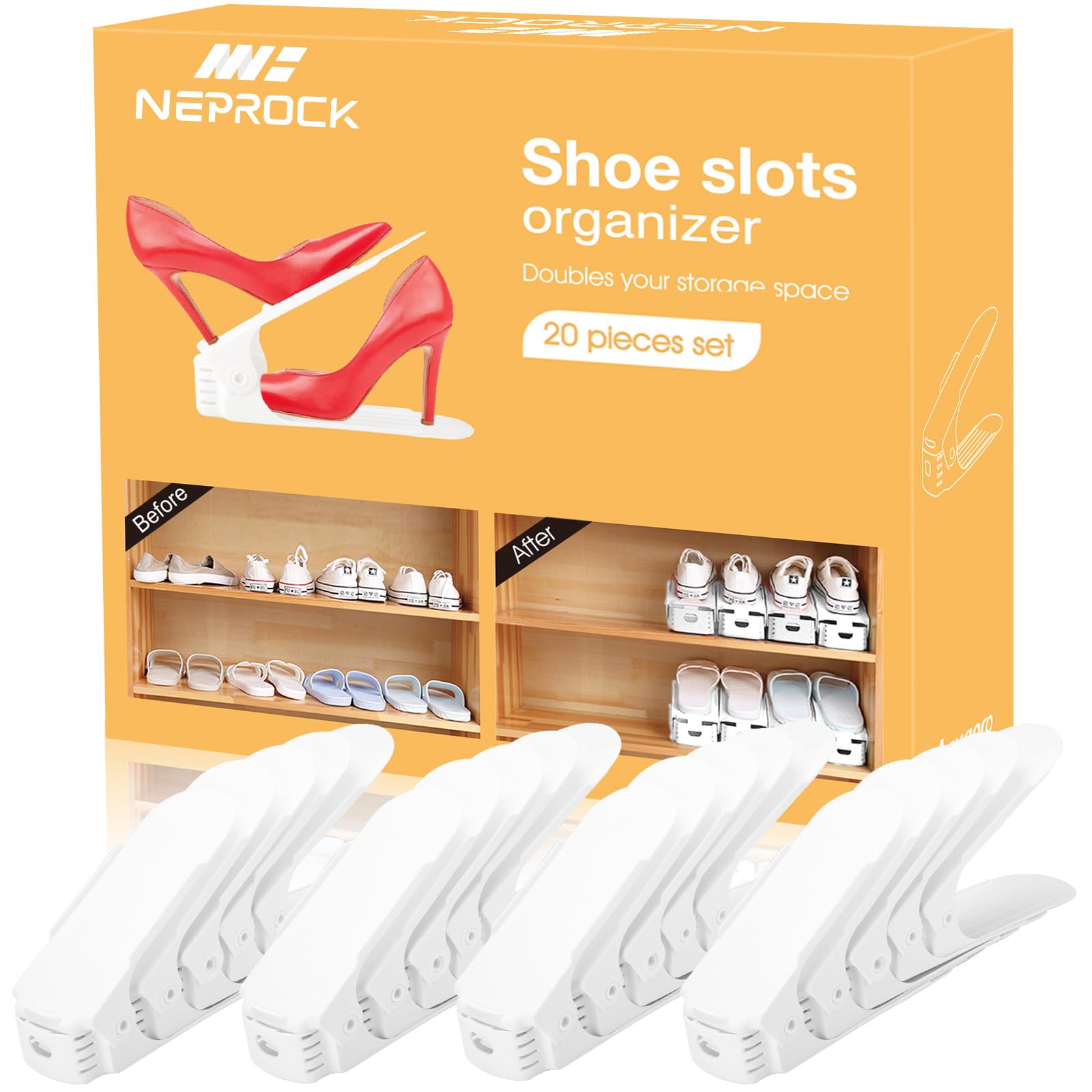 Neprock front packaging showing 20-pack shoe slots and space-saving benefit