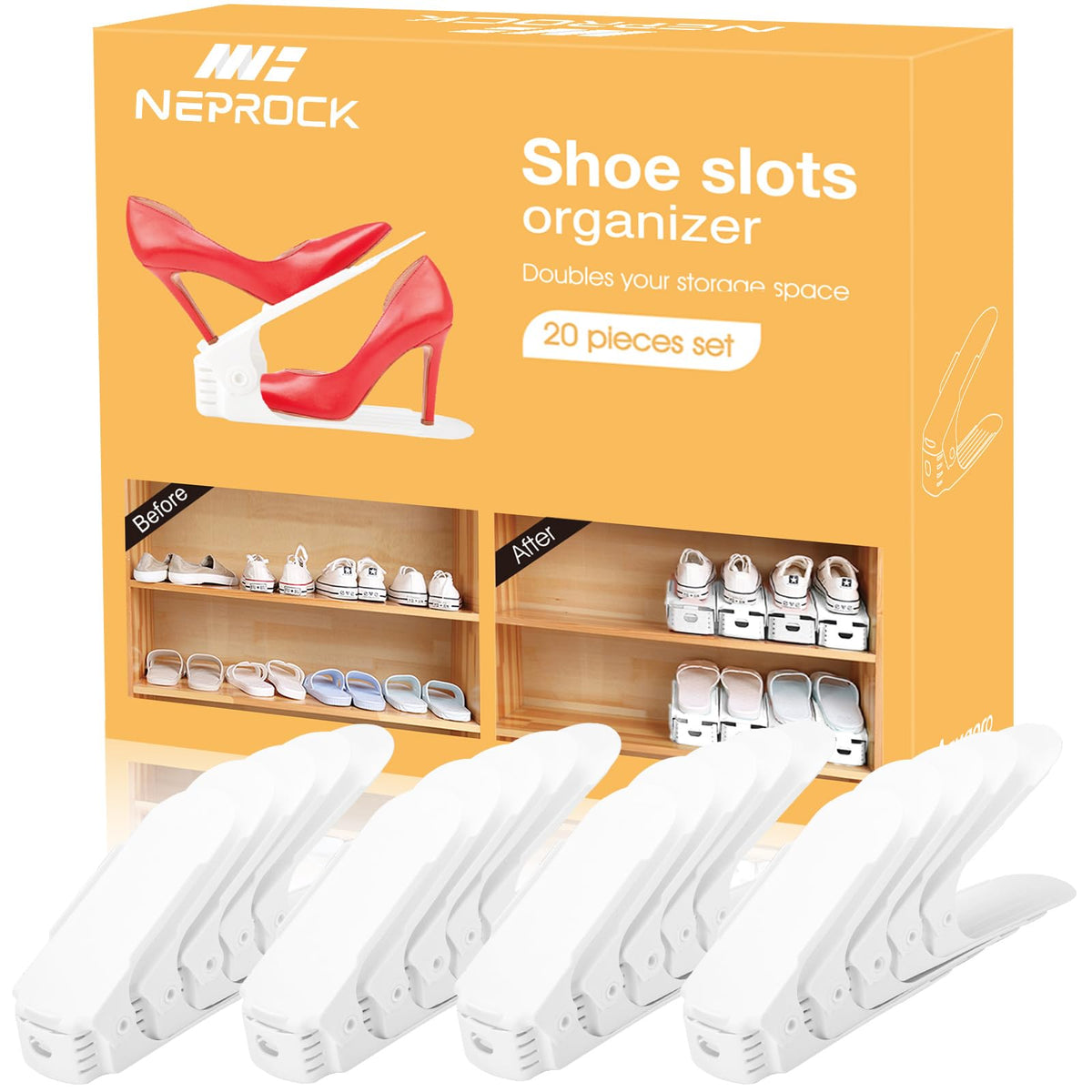 Neprock front packaging showing 20-pack shoe slots and space-saving benefit
