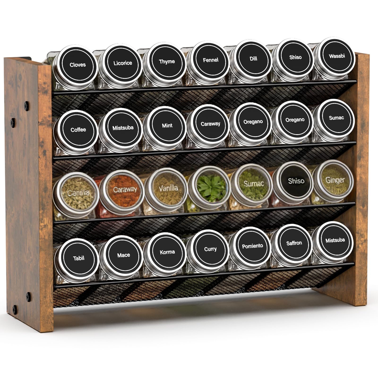 NESAPTO front view of 4-tier spice rack showing organized jars and quick access