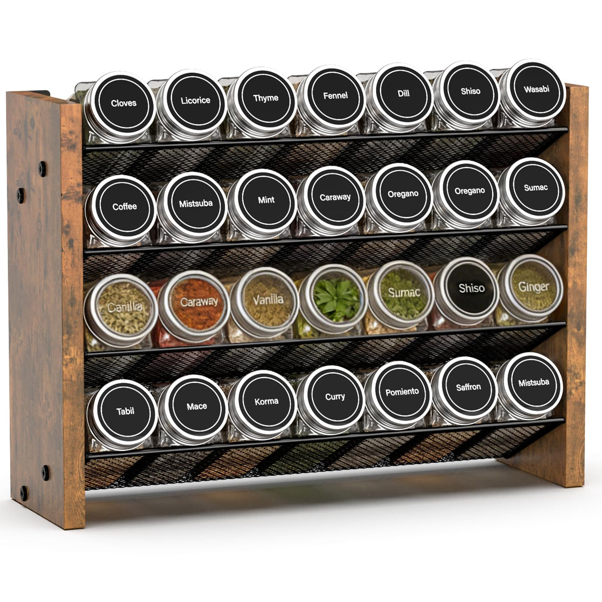 NESAPTO front view of 4-tier spice rack showing organized jars and quick access