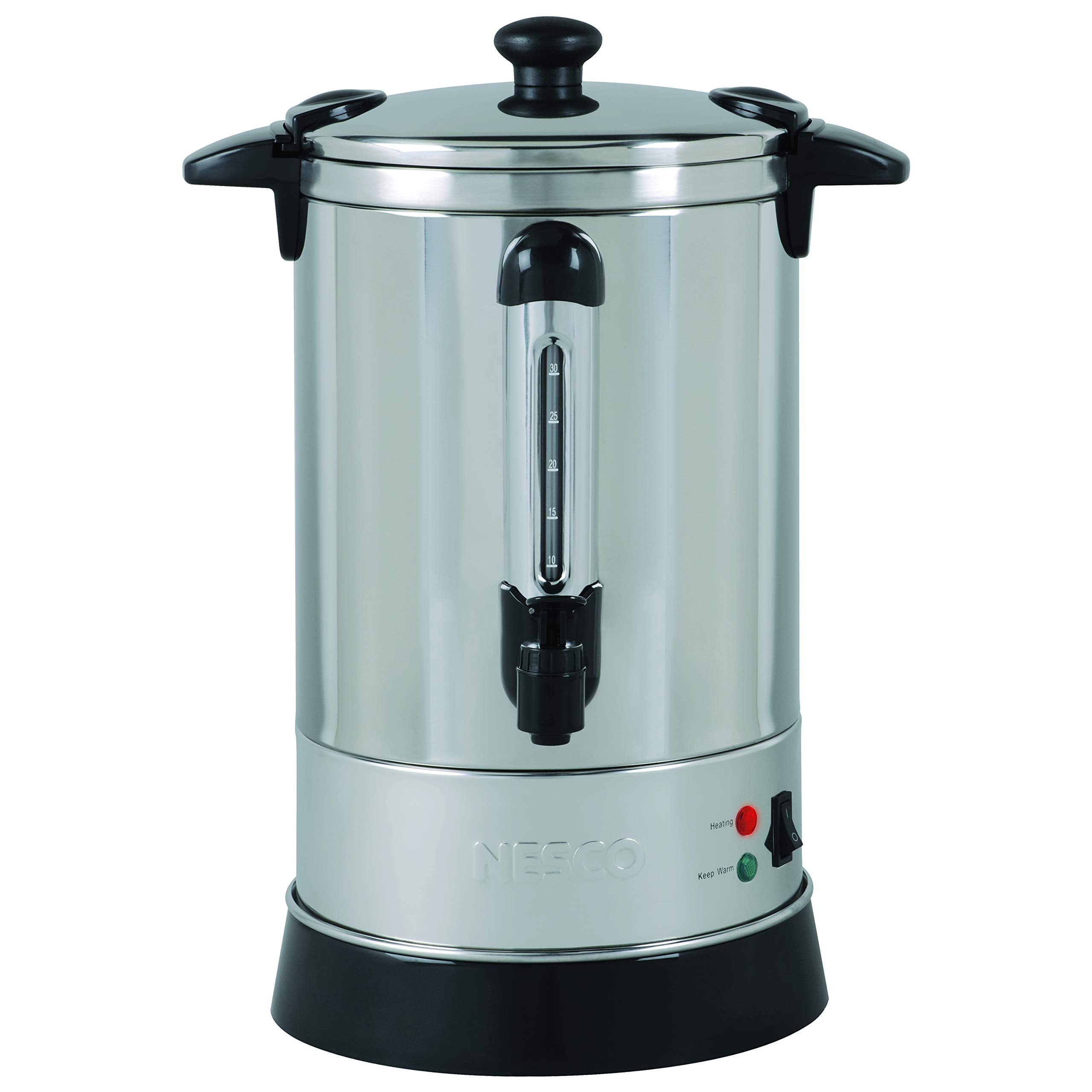 NESCO coffee urn front view showing stainless steel finish and control light for reliability