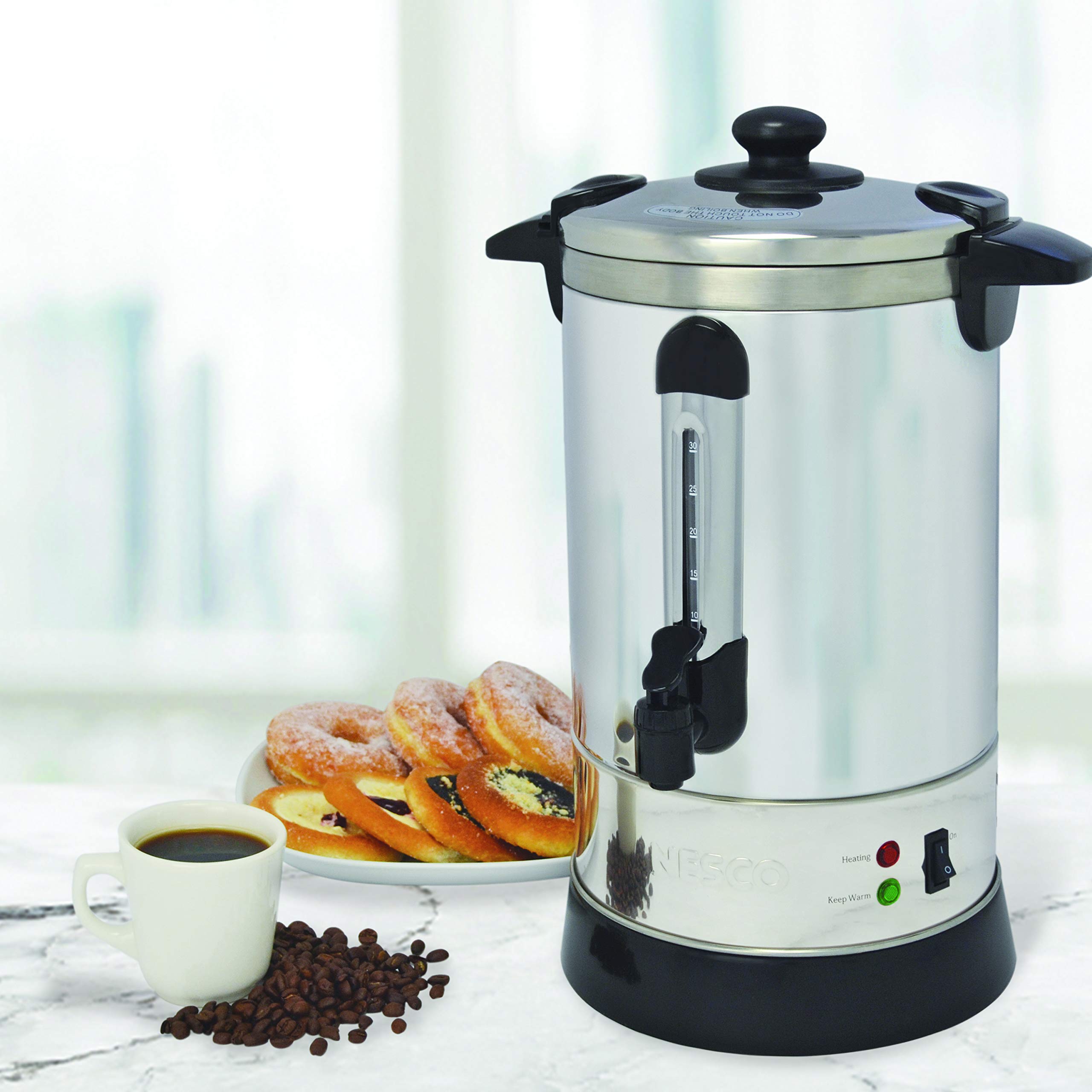 NESCO coffee urn internal water level gauge visible for accurate filling and consistent strength
