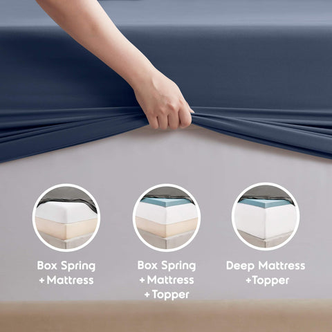 Nestl bedroom lifestyle styled navy sheets on made bed illustrating cozy elegant look