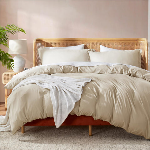 Nestl front view of beige cream duvet cover set shows neat packaging and soft finish