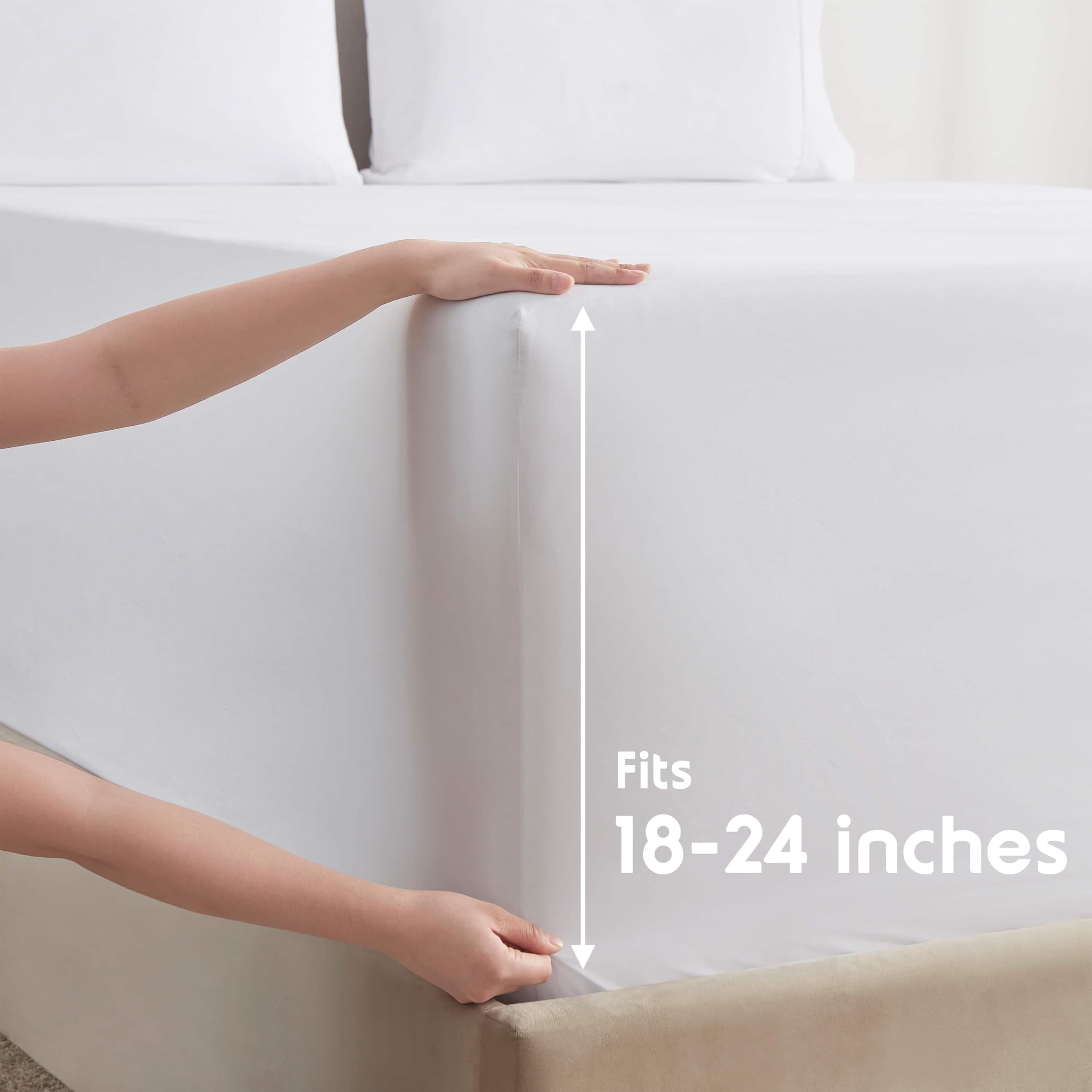 Nestl fitted sheet deep pocket closeup highlighting secure fit on tall mattress