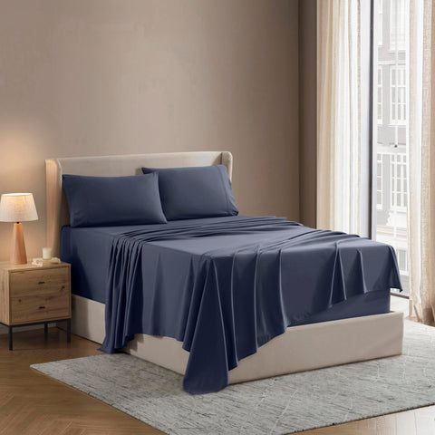 Nestl folded full XL sheet set front view showing neat navy color and ready-to-use comfort