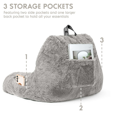 Nestl close view of three pockets holding remote and tablet for organized lounging