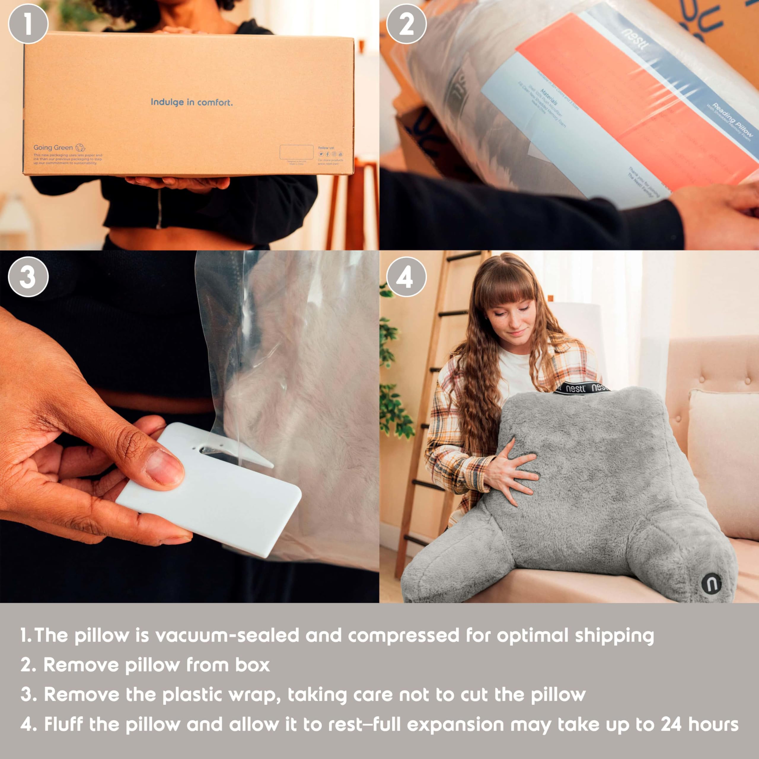 Nestl pillow next to a book to show scale and suitability for reading sessions