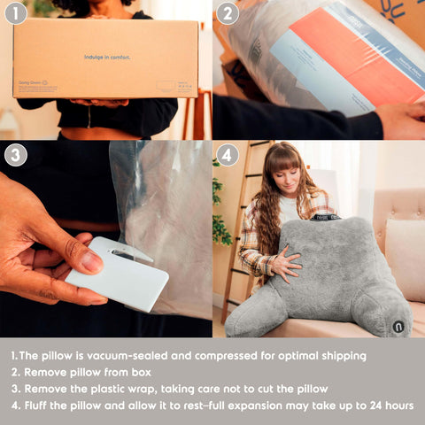 Nestl pillow next to a book to show scale and suitability for reading sessions