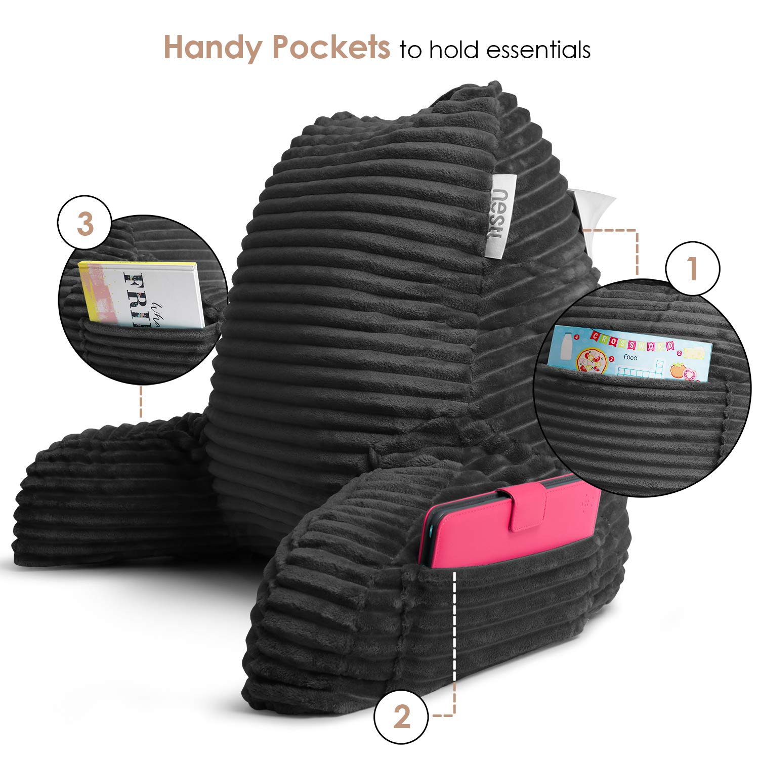 Person using Nestl reading pillow in bed providing upright support while reading