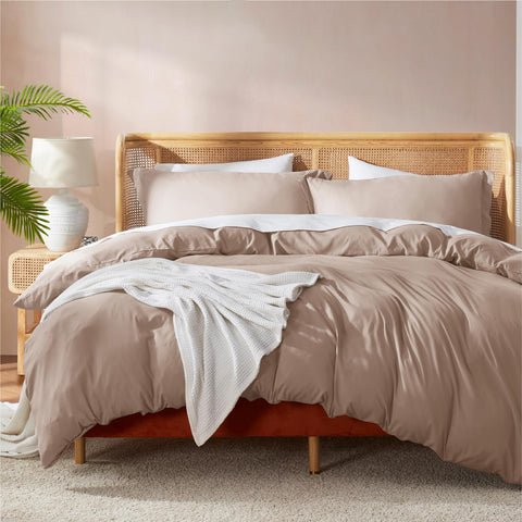 Nestl khaki duvet cover front view showing neat drape and hotel look for easy styling