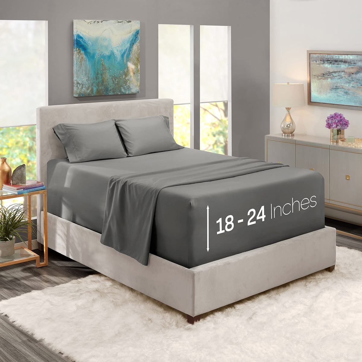 Nestl front packaging showing charcoal grey king sheet set and clear brand benefits