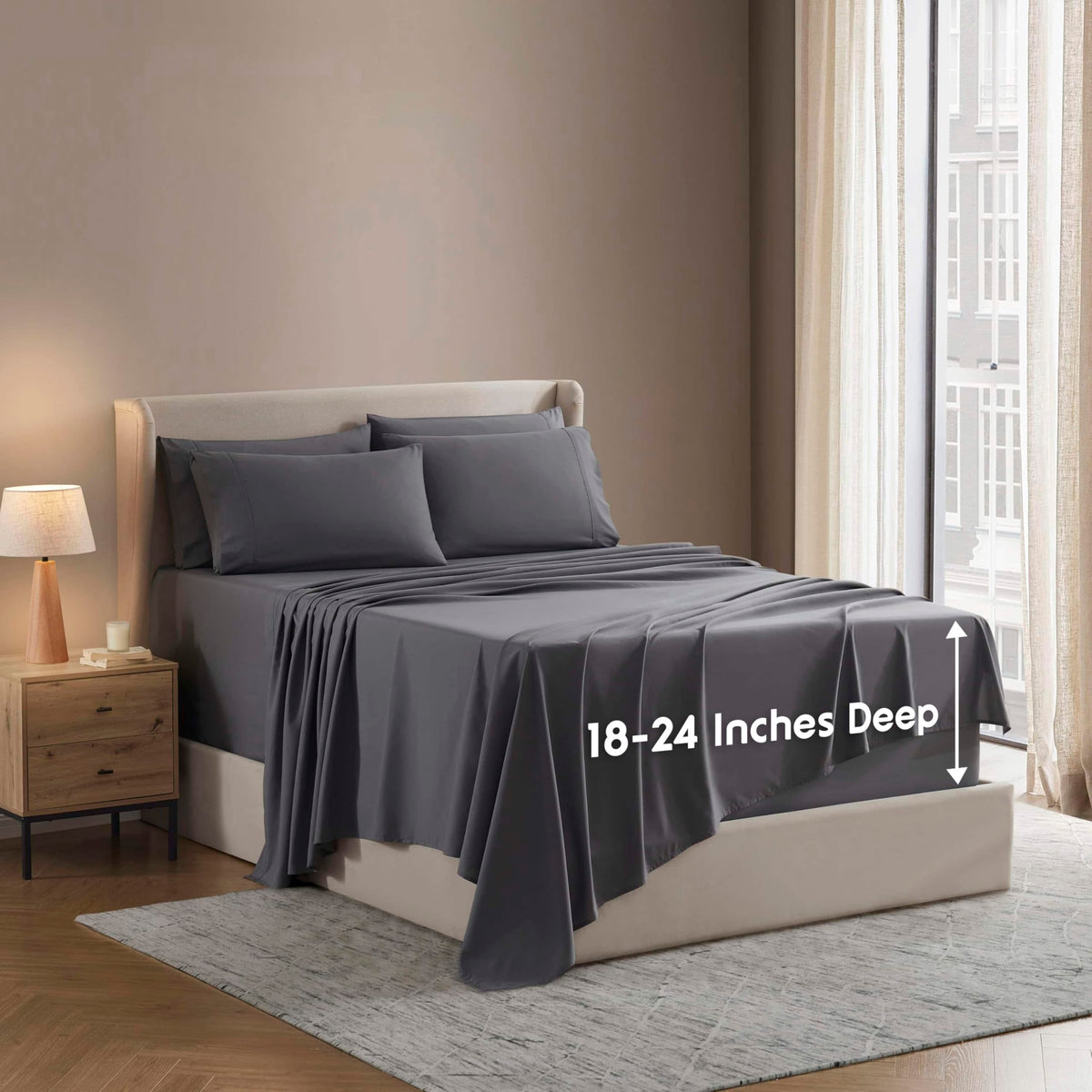 Nestl front packaging showing dark gray king sheet set for easy selection