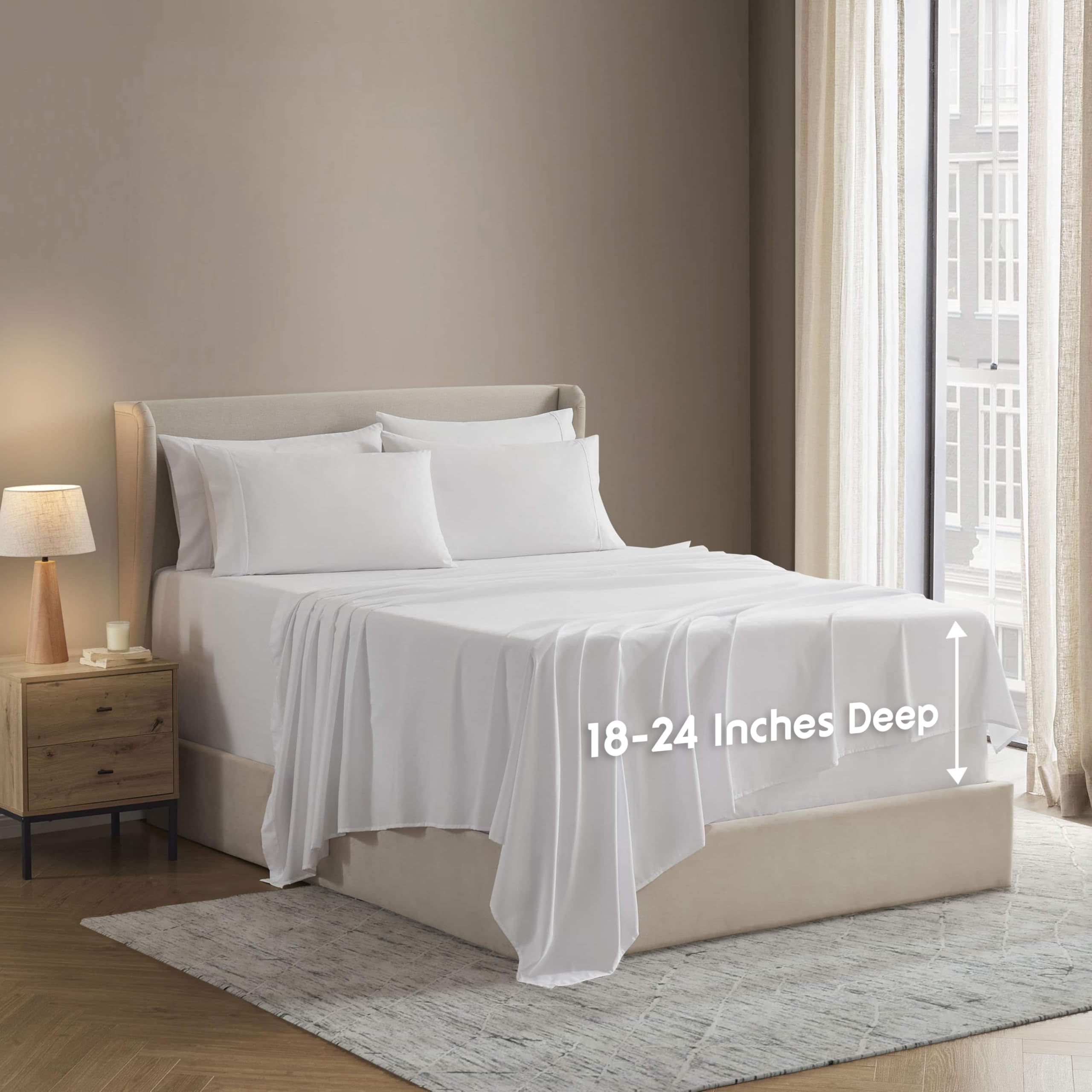 Nestl king sheet set front view showing full six-piece set and neat fit