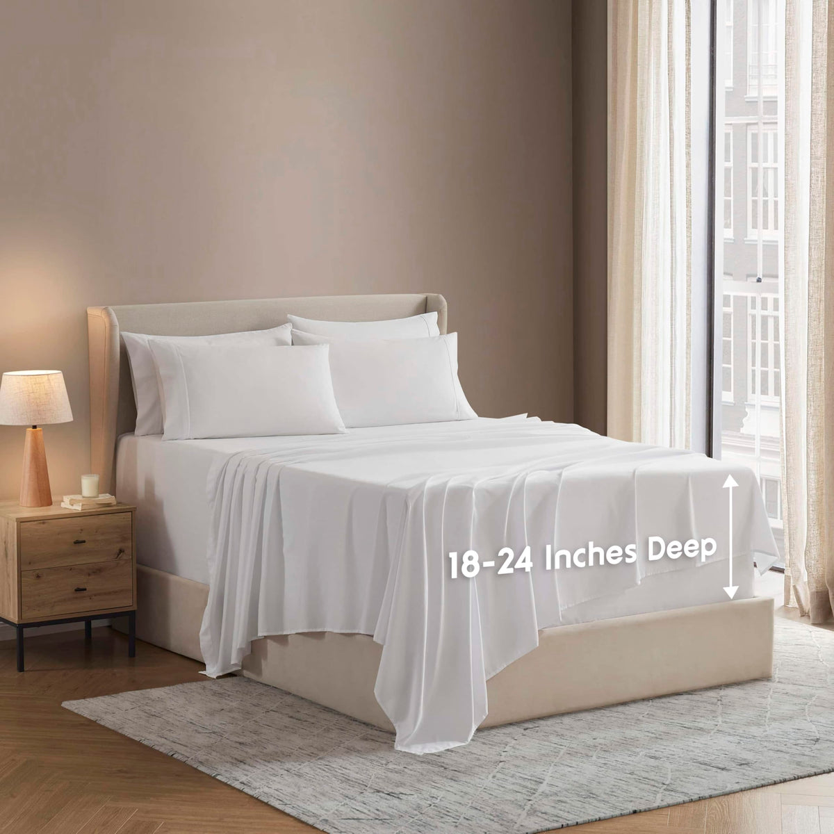 Nestl king sheet set front view showing full six-piece set and neat fit