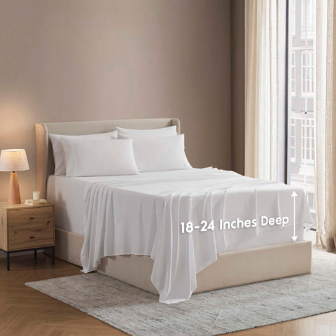 Nestl king sheet set front view showing full six-piece set and neat fit