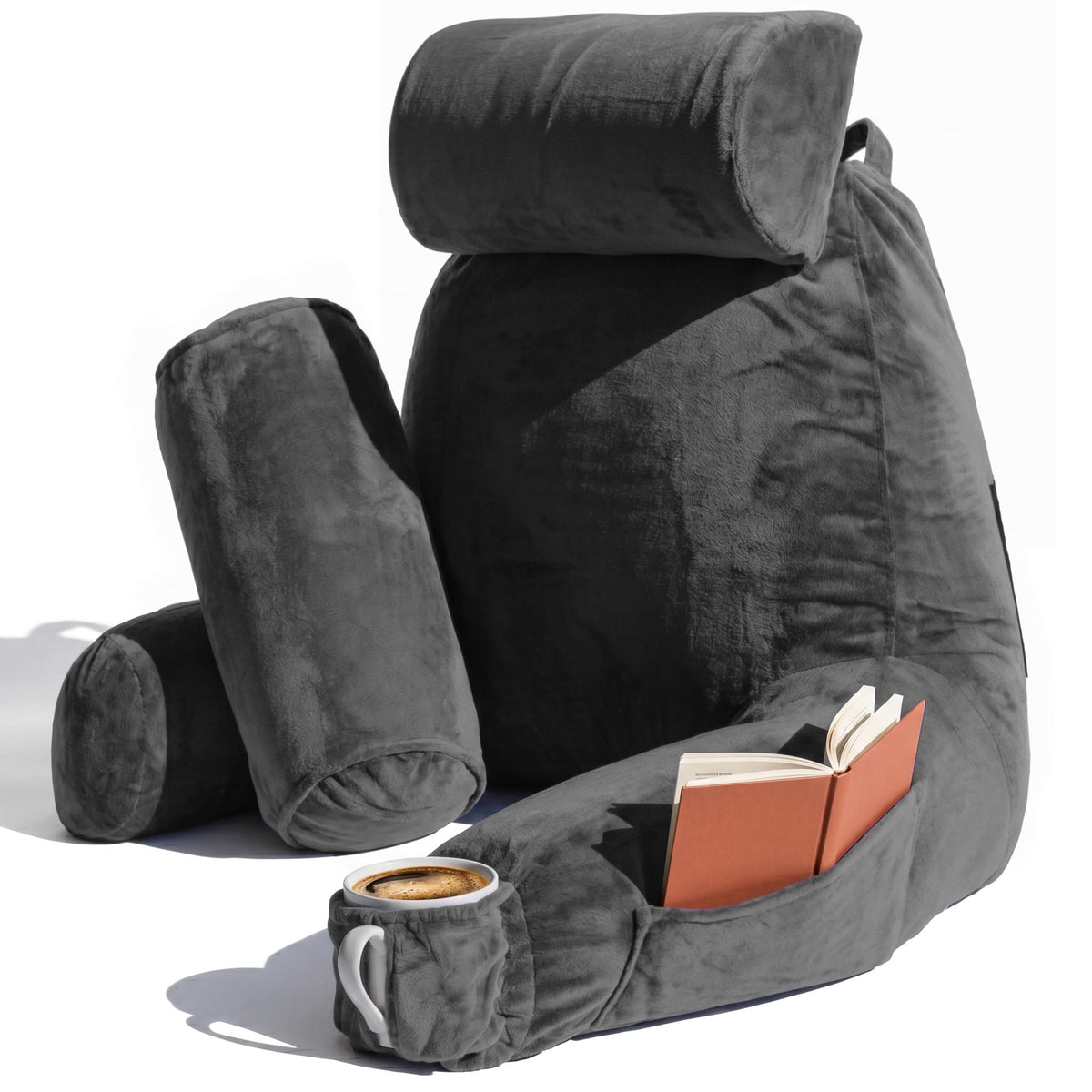 Nestl front view of dark grey reading pillow showing full back support benefit