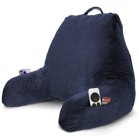 Nestl front view of navy reading pillow showing supportive backrest and plush arms benefit posture