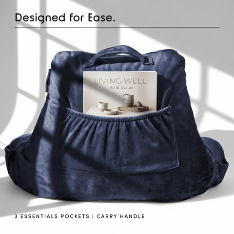 Nestl reading pillow in bed setup illustrating relaxed reading and stable support