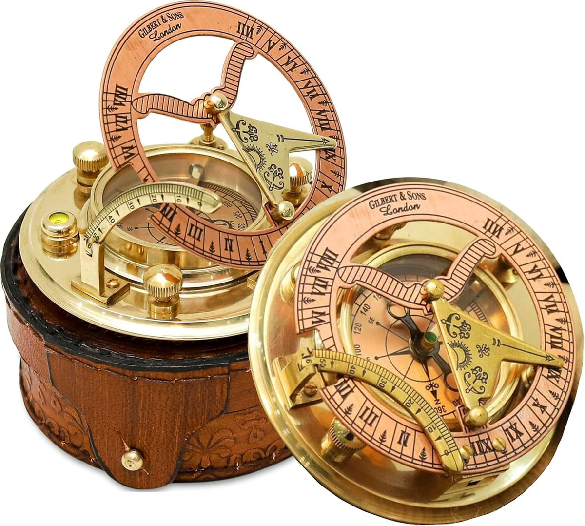 NETAEX front view of brass sundial compass showing vintage appeal and sturdy metal