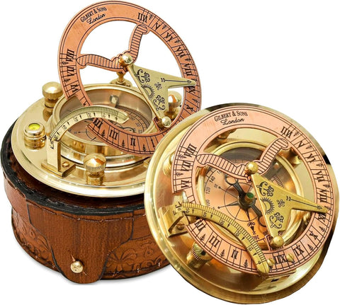 NETAEX front view of brass sundial compass showing vintage appeal and sturdy metal